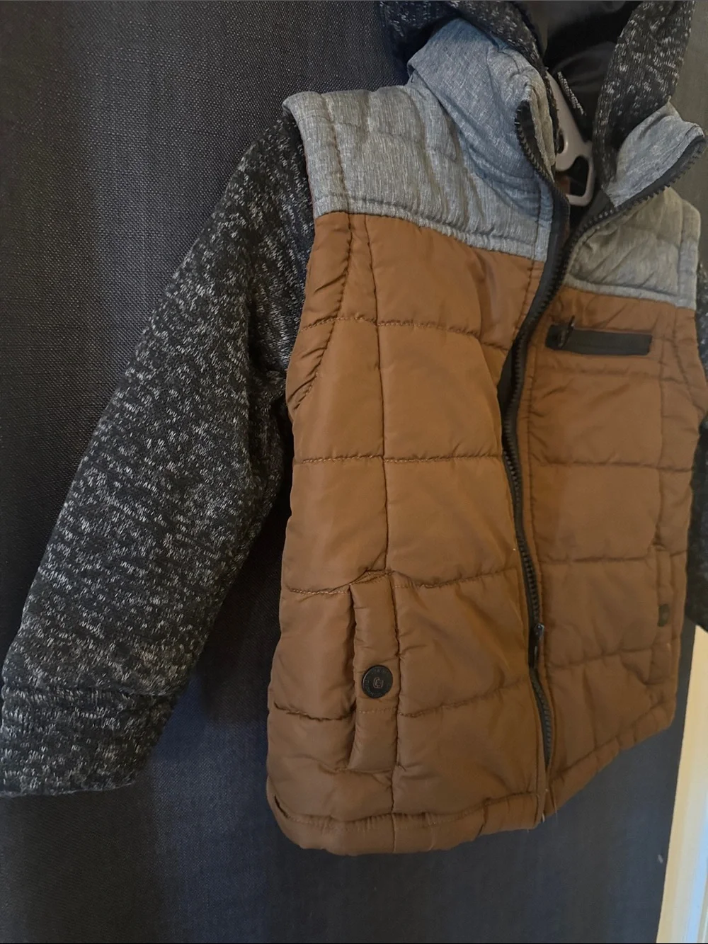 Children's Quilted Hooded Puffer Jacket - Brown & Gray Size 5/6